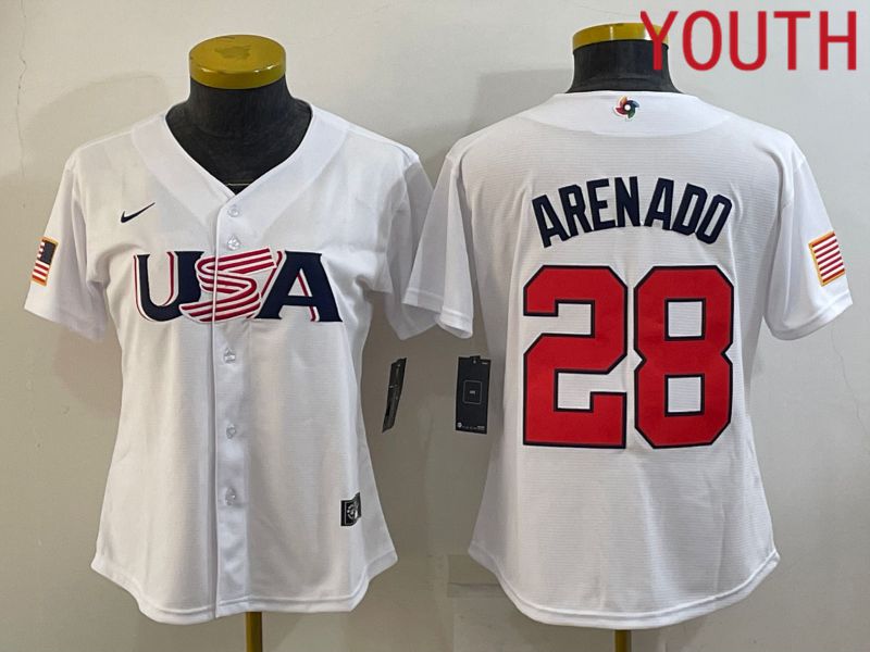 Youth 2023 World Cub USA #28 Arenado White MLB Jersey6